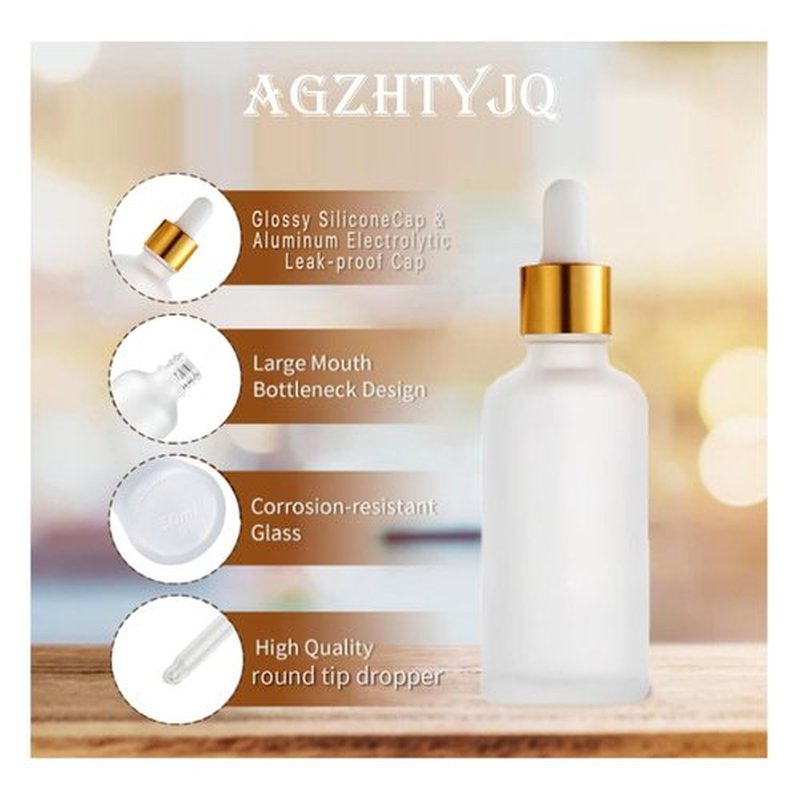 12 Pack,Clear Frosted Glass Dropper Bottle for Essential Oils,Empty Glass Liquid Holder With Glass Eye Dropper,Golden Caps Travel Perfume Cosmetic Container-Pipette&Funnel included (50ml/1.75oz)