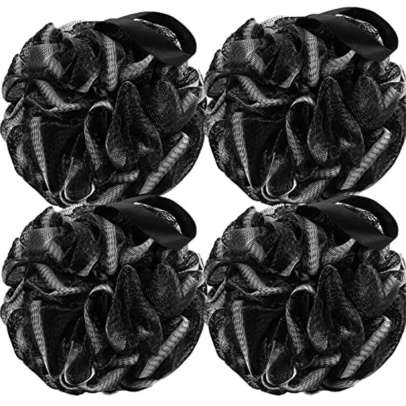DadyMart Bath Shower Loofah Sponge 60g Bath Mesh Pouf Shower Ball Body Scrubber Exfoliating Bath Sponge for Women and Men, Set of 4, Black