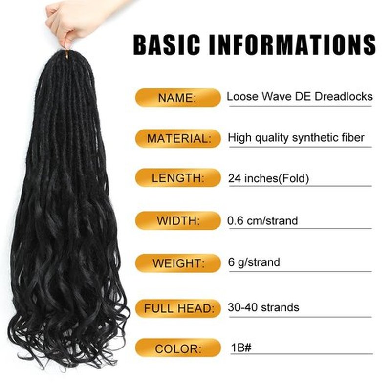 Aguacor Loose Wave Dreadlocks Synthetic French Curly Double Ended Dreadlock Extensions 24inches 10 Strands Thin Soft Black Spanish Curly DE Dreadlock Extensions for Women (10 Strands, 1B#）