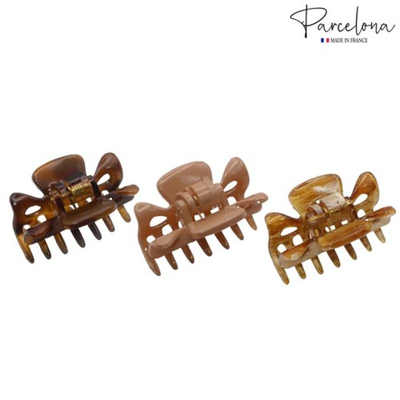 Parcelona French Classic Very Small 1 1/2" Claw Clips with Tight Spring Set of 3 Girls Hair Jaw Claw Clips Women Hair Accessories, Made in France (Dusty Beige Brown- Light Beige Brown-Savana)