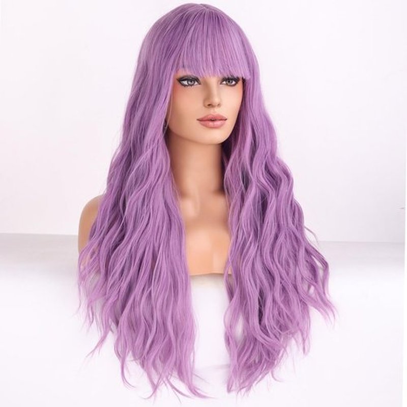 MAGQOO Purple Wig for Women Long Curly Wavy Lavender Wig with Bangs Synthetic Heat Resistant Fiber Halloween Cosplay Costume Daily Party Use