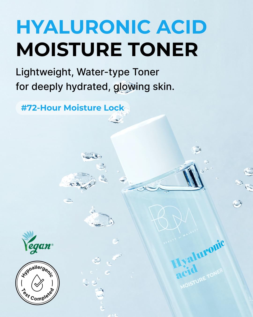 BOM Hyaluronic Acid Moisture Toner 6.76 fl oz, Lightweight Vegan Toner with Vitamins, 72 Hour Hydration Lock, Non Sticky Formula, Hypoallergenic, Sensitive Skin, Korean Skincare