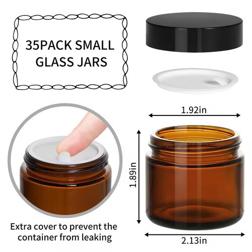 KEYWING 2oz Small Glass Jars, 35 Pack Amber Glass Cosmetic Jars with Black Lids, Round Sample Container with Inner Liners for Cream, Lotions, Powders and Ointments