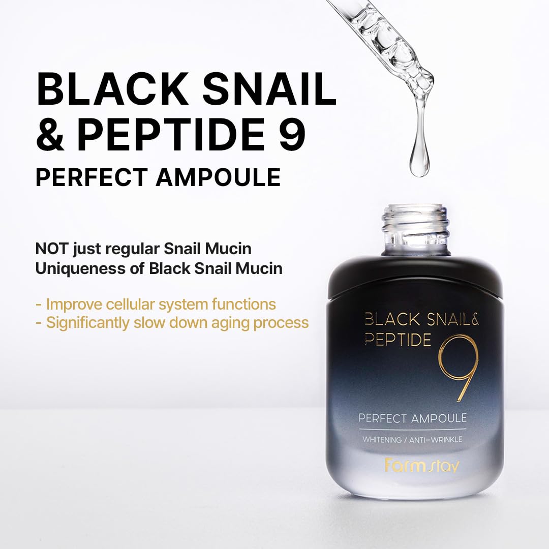 Farmstay Black Snail & Peptide9 Perfect Ampoule, Korean Snail Mucin Serum for Elastic & Glow Skin, Boosting Radiance & Repairing Skin Barrier Serum, for Women & Men, Korean Skin Care, 1.18 Fl. Oz.