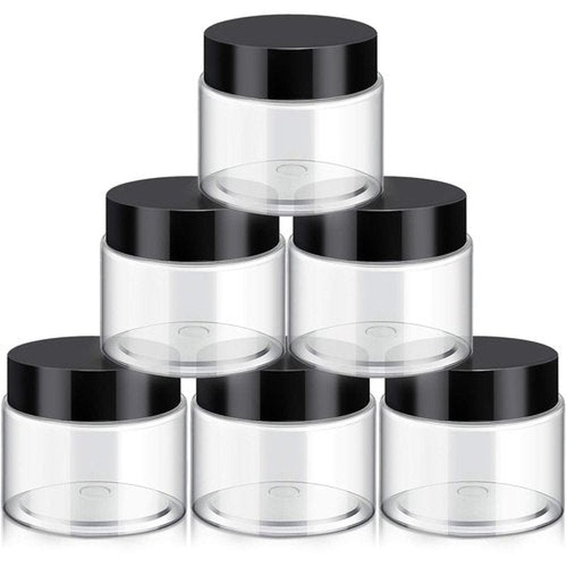6 Pack Clear Container with Lids Small Plastic Pot Jars Wide Mouth Round Leak Proof Plastic Container Jars with Lid for Travel Storage, Eye Shadow, Nails, Paint, Jewelry (3 oz, Black)