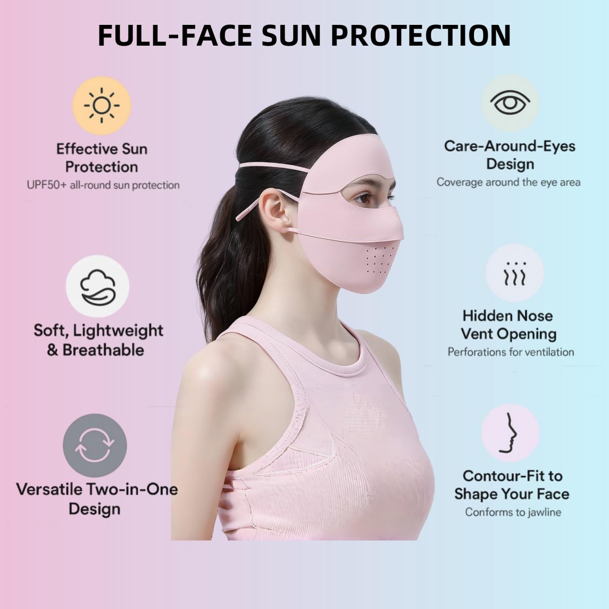 KUKASEN Women’s UPF50+ Ice Silk Face Mask, Breathable Cooling UV Face Cover with Ear Loops & Head Strap for Outdoors Removable Chin Cover