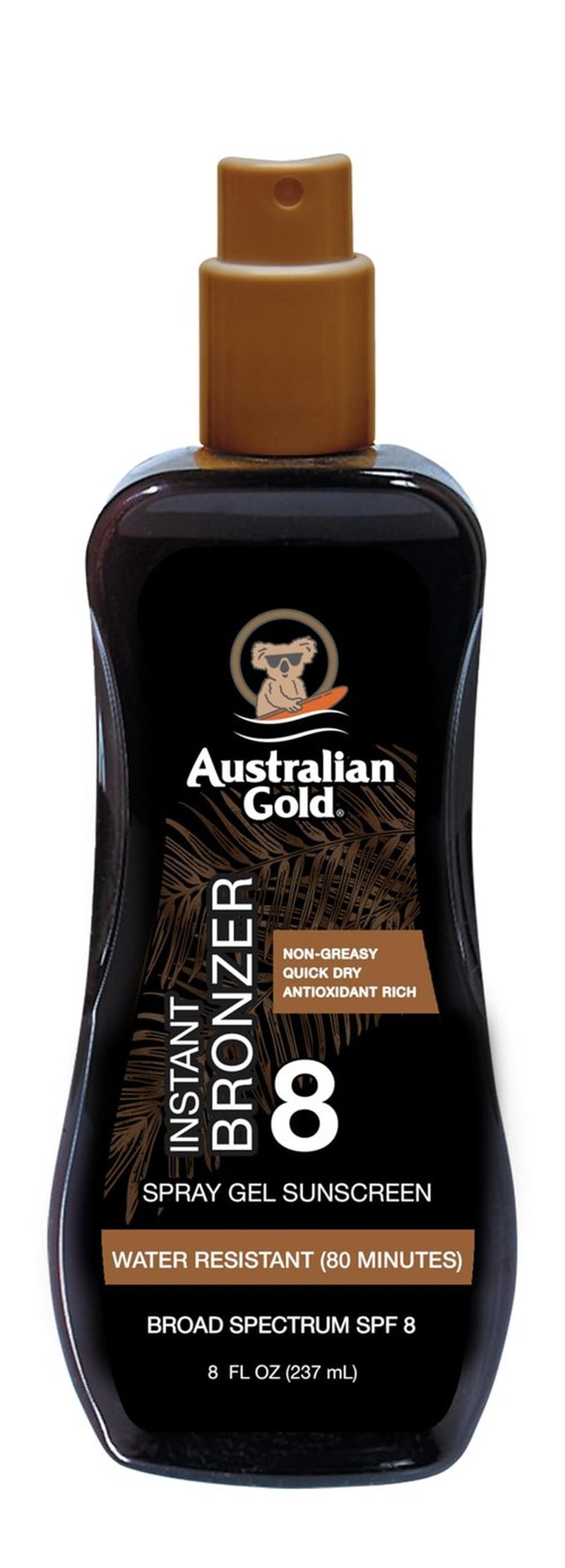 Australian Gold Spray Gel Sunscreen with Instant Bronzer SPF 8, 8 Ounce, Moisturize & Hydrate Skin, Broad Spectrum, Water Resistant, Non-Greasy, Vegan and PETA Approved, Cocoa Dreams Scent