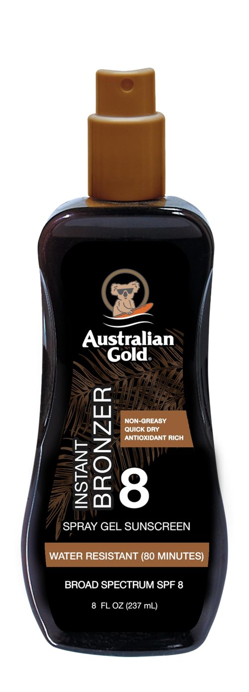 Australian Gold Spray Gel Sunscreen with Instant Bronzer SPF 8, 8 Ounce, Moisturize & Hydrate Skin, Broad Spectrum, Water Resistant, Non-Greasy, Vegan and PETA Approved, Cocoa Dreams Scent