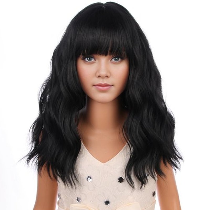 PATTNIUM Black Wig Kids Child Wig Shoulder Length Wig Black Wavy Wig with Bangs Shoulder Length Black Wig Heat Resistant Synthetic Girls Wig Daily Wear Wig (Black)