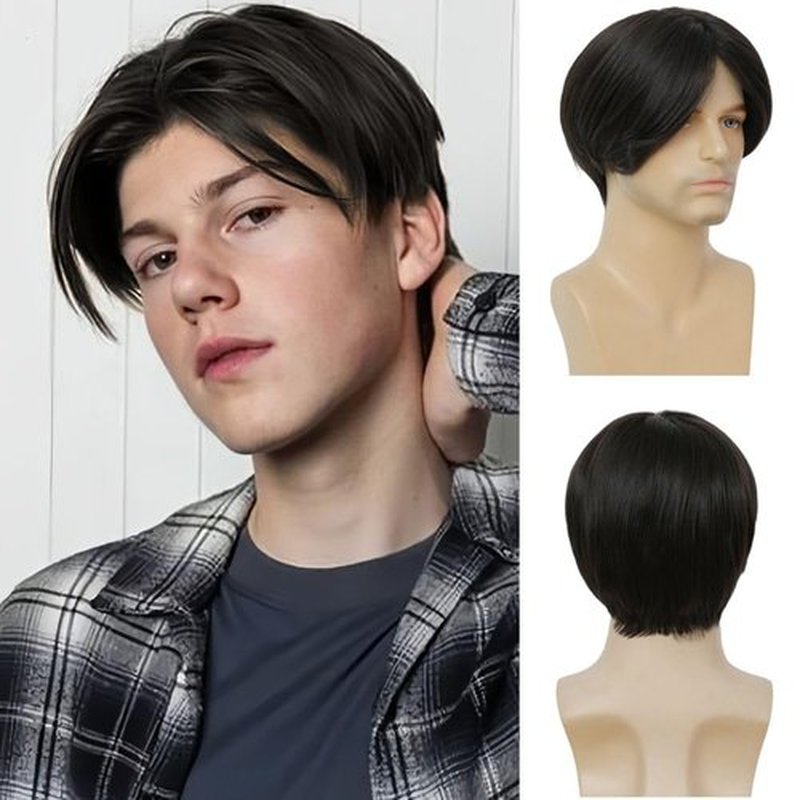 Tseses Mens Black Wig Short Straight Men Wigs Synthetic Wig Middle Part Wigs for Men Costume Halloween Natural Hair Wigs(Black)