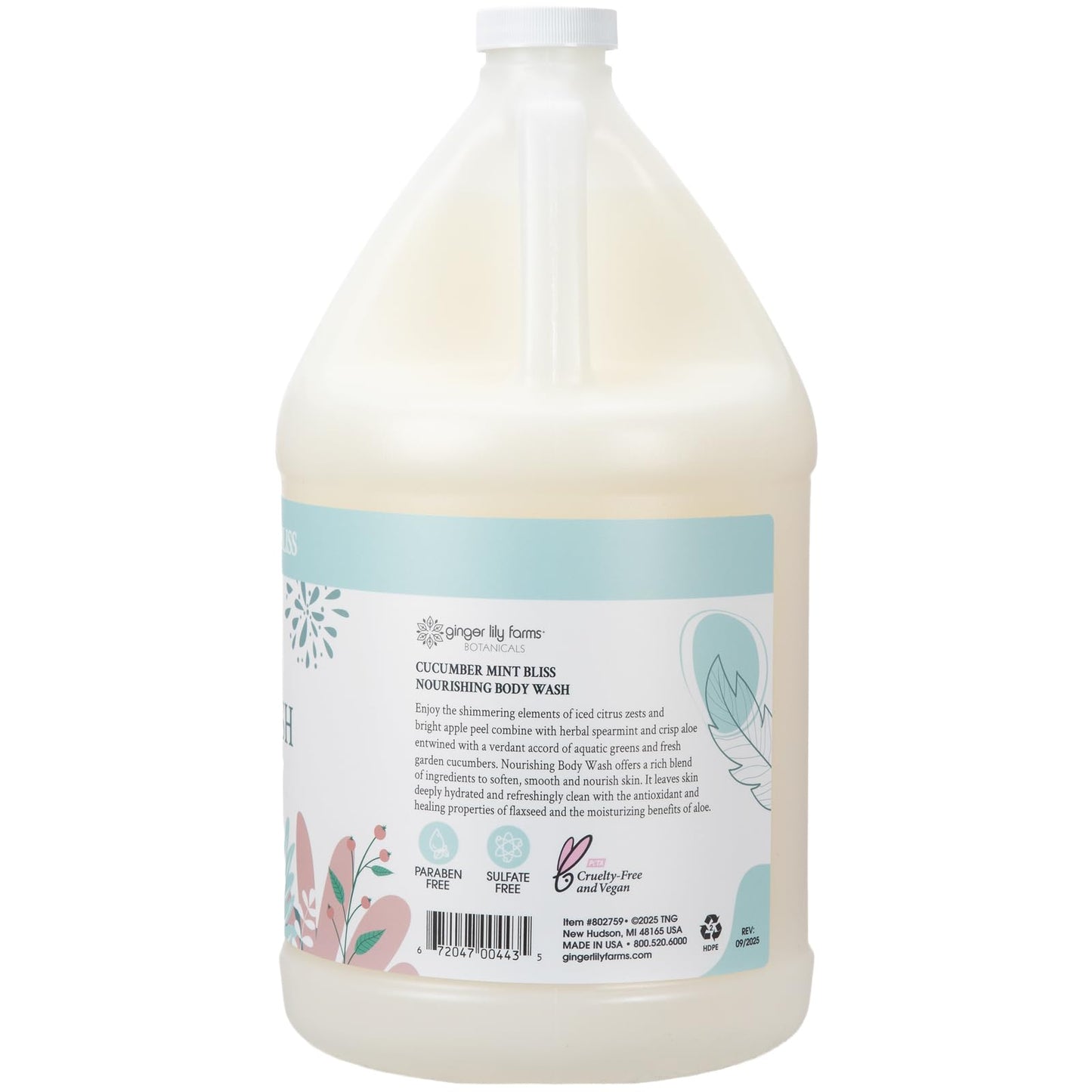 Ginger Lily Farms Botanicals Nourishing Body Wash, 100% Vegan & Cruelty-Free, Cucumber Mint Bliss Scent, 1 Gallon (Pack of 4)