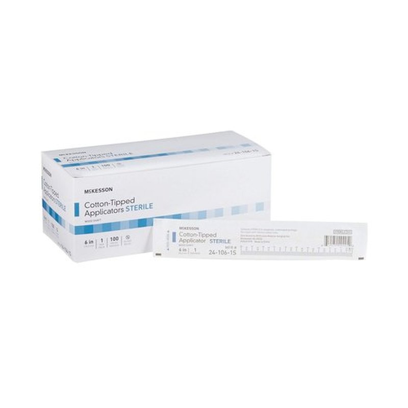 McKesson Cotton-Tipped Applicator Swabstick, Sterile, Wood Shaft, 6 in, 1 Count, 100 Packs, 100 Total