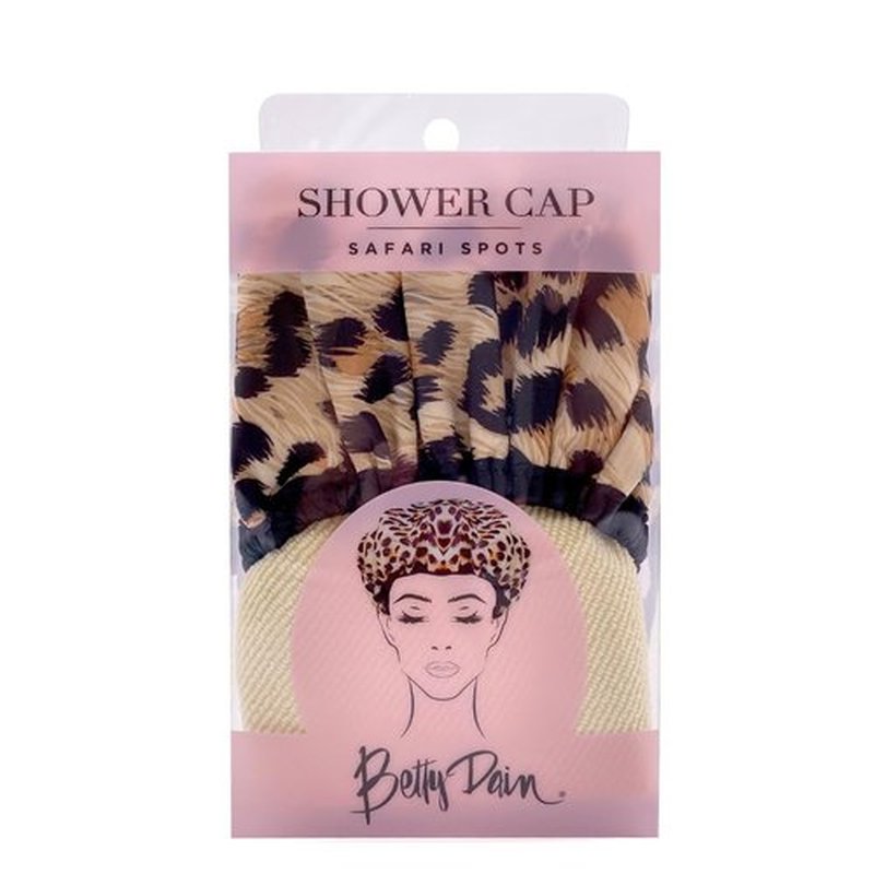 Reusable Nylon Shower Cap & Bath Cap, Reversible Oversized Waterproof Shower Caps Large Designed for all Hair Lengths w Terry Lining & Elastic Band Stretch Hem Hair Hat - Socialite Safari Spots