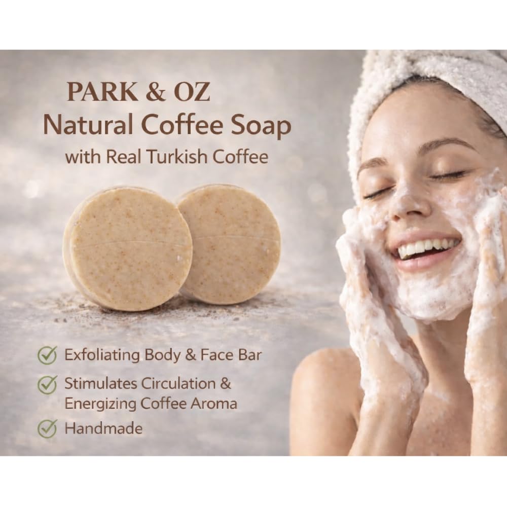 PARK & OZ Natural Coffee Soap with Real Turkish Coffee | Exfoliating Body & Face Bar | Stimulates Circulation & Energizing Coffee Aroma | Handmade Skincare (Coff, 2)