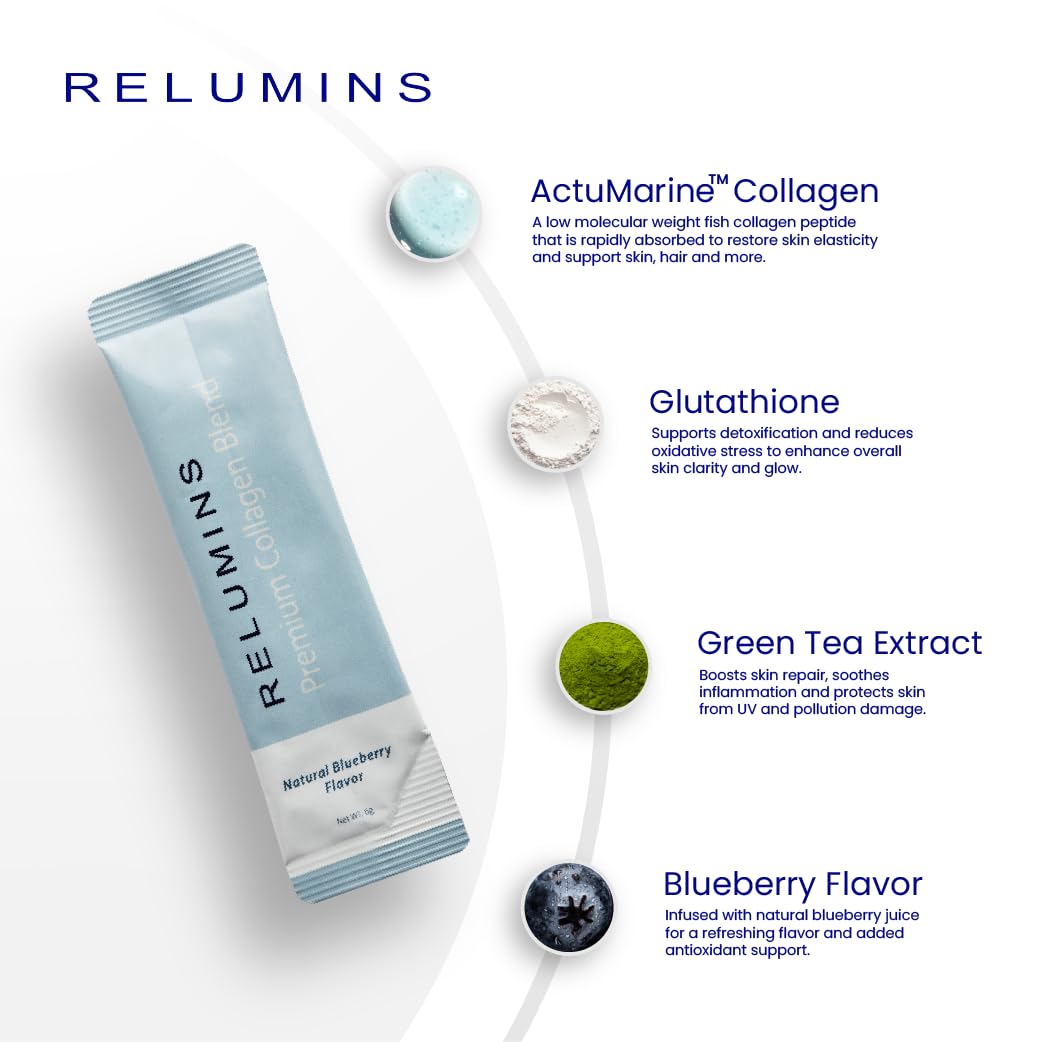 Relumins Marine Collagen Drink Mix 5000mg Type I, II, III Peptides with Glutathione, Green Tea, CoQ10 & Hyaluronic Acid for Smooth Glowing Skin - Blueberry Flavor - 20 Sachets + 2 Free