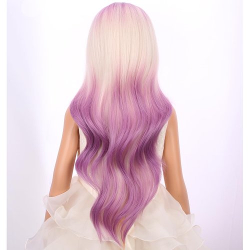 PATTNIUM Blonde Ombre Purple Wig Kids Child Wig Long Curly Wavy Light Purple Wig Blonde to Purple Wig Middle Part Girls Wig Heat Resistant Synthetic Hair Wig with Wig Cap