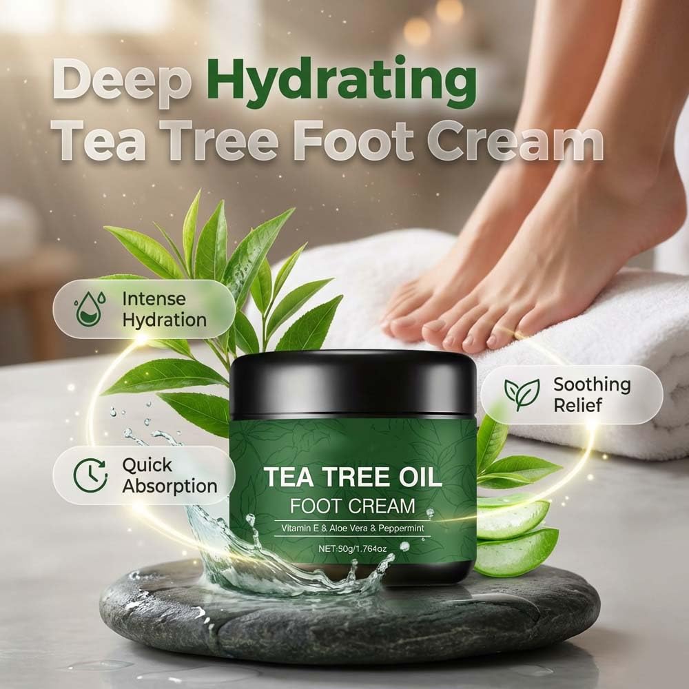 Hulezt Tea Tree Oil Foot Cream, Tea Tree Foot Cream for Dry Cracked Feet and Heels, Intensive Moisturizing Foot Balm to Repair, Soften & Renew Dry, Rough Feet (1)