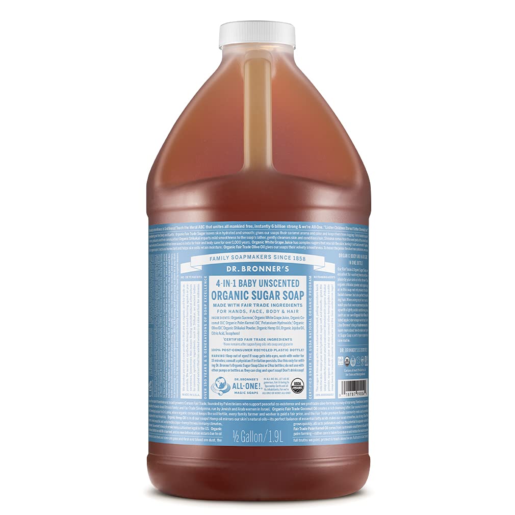 Dr. Bronner's Organic Sugar Soap (Baby Unscented, 24 Ounce) - Made with Regenerative Certified Organic Oils, Sugar & Shikakai Powder, 4-in-1 Use: Hands, Body, Face and Hair- Liquid Soap, Nourishes