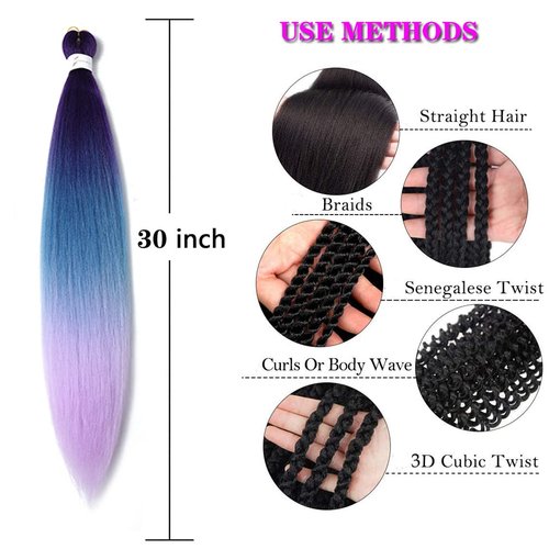 Pre Stretched Braiding Hair Extensions 30 Inch 6 Packs Long Professional Crochet Twist Braids Hair High Temperature Synthetic Fiber Yaki Texture(30",purple-lake blue-light purple)