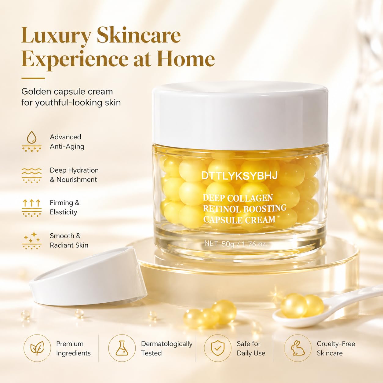 Deep Collagen Retinol Capsule Cream, 1.76 fl.oz - Golden Face & Neck Moisturizer with Hyaluronic Acid, Firming Hydrating Smoothing for All Skin Types