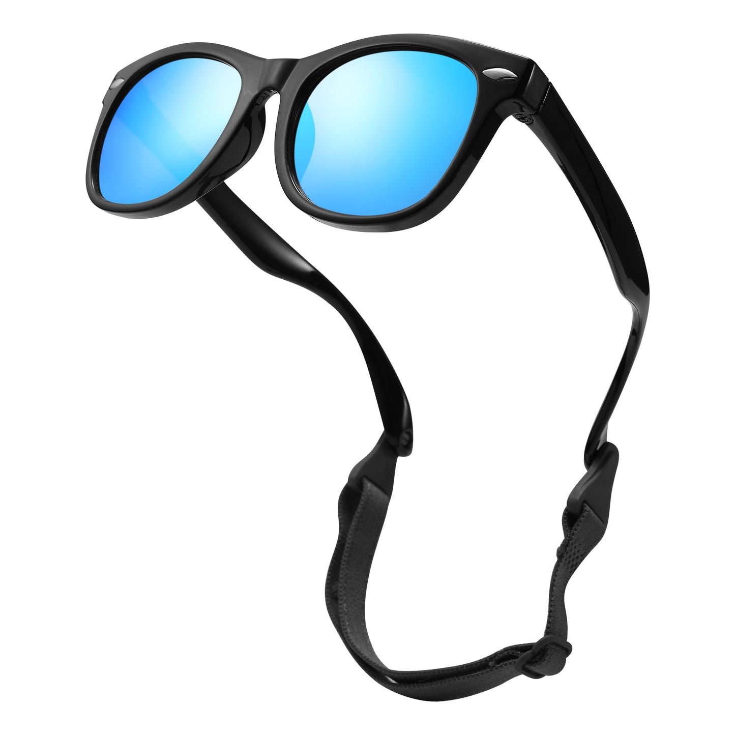 LIU·WEN Cute Polarized Baby Sunglasses - Bendable Flexible with Strap for Newborn Infant Boys Girls Age 0-24 Months(Bright Black/Blue Mirror)