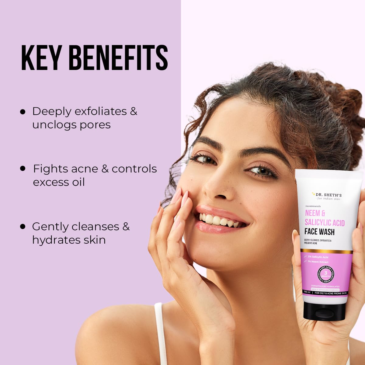Dr. Sheth’s Neem & Salicylic Acid Face Wash | Deeply Cleanses & Unclogs Pores | Controls Acne, Blackheads & Oil | Unisex BHA Cleanser | 3.38 Fl Oz/100 ml