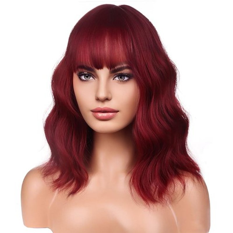 BERON 14 Inches Red Wig Short Curly Wig Wine Red Wigs with Bangs for Women Girl's Synthetic Wig with Wig Cap