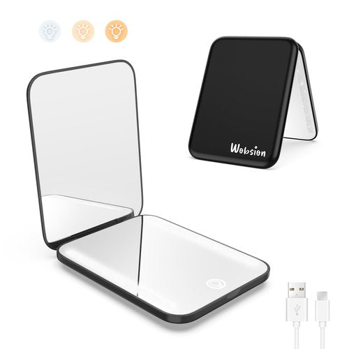 wobsion Rechargeable Travel Mirror,1x/3x Magnification Compact Mirror,3 Color Lights Pocket Mirror,Dimmable Portable Makeup Mirror,400mah,Small Mirror for Purse,Gifts,Black