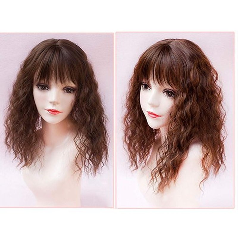 RemeeHi Clip on Curly Wavy Synthetic Top Wiglet Hairpieces for Thinning Loss Hair， Topper Hairpieces with Bangs for Women Light Brown 18 inch(Thin)