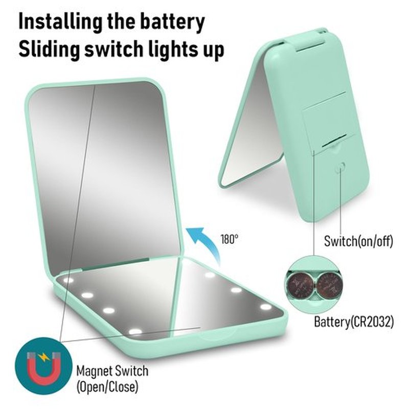Milishow Compact Mirror, 1x/3x Magnifying LED Pocket Mirror, Small Lighted Travel Makeup Mirror for Purse, Handbag, Folding, Handheld, 2-Sided Mini Mirror with Lights for Women (Cyan 1pack)