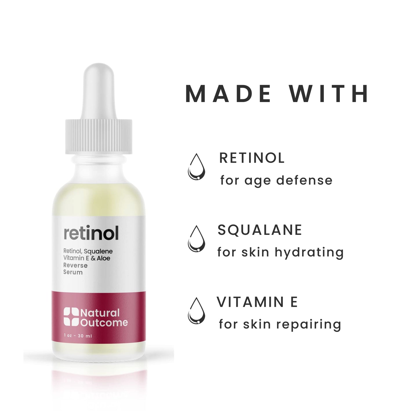 Natural Outcome Retinol Serum for Face | Fine Line and Wrinkle Reducer Serum | Nightly Hydrating Facial Serum with Hyaluronic Acid, Vitamin E, Squalane and Aloe Vera | Collagen Enhancer | 1 oz