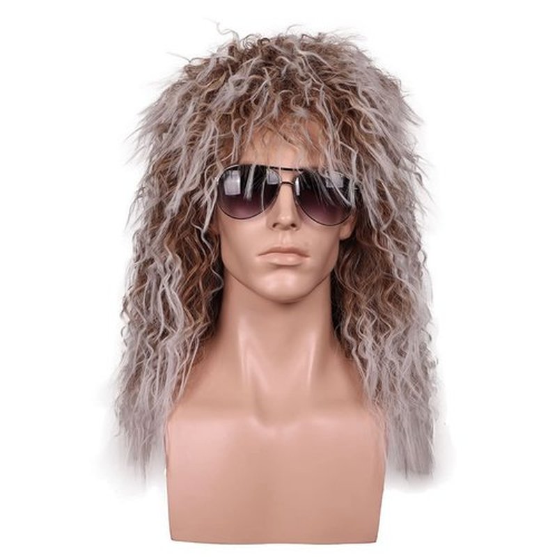 FantaLook 80S Costume Wig with SunGlass for Men Curly Brown with White Cosplay Wig for Halloween