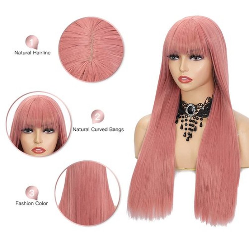 Amarlis Long Pink Wigs for Women, 24 Inch Pink Hair Wig with Bangs Natural Silky Soft Synthetic Heat Resistant Fiber Wigs Hair for Daily Party Use(24 In, Pink)