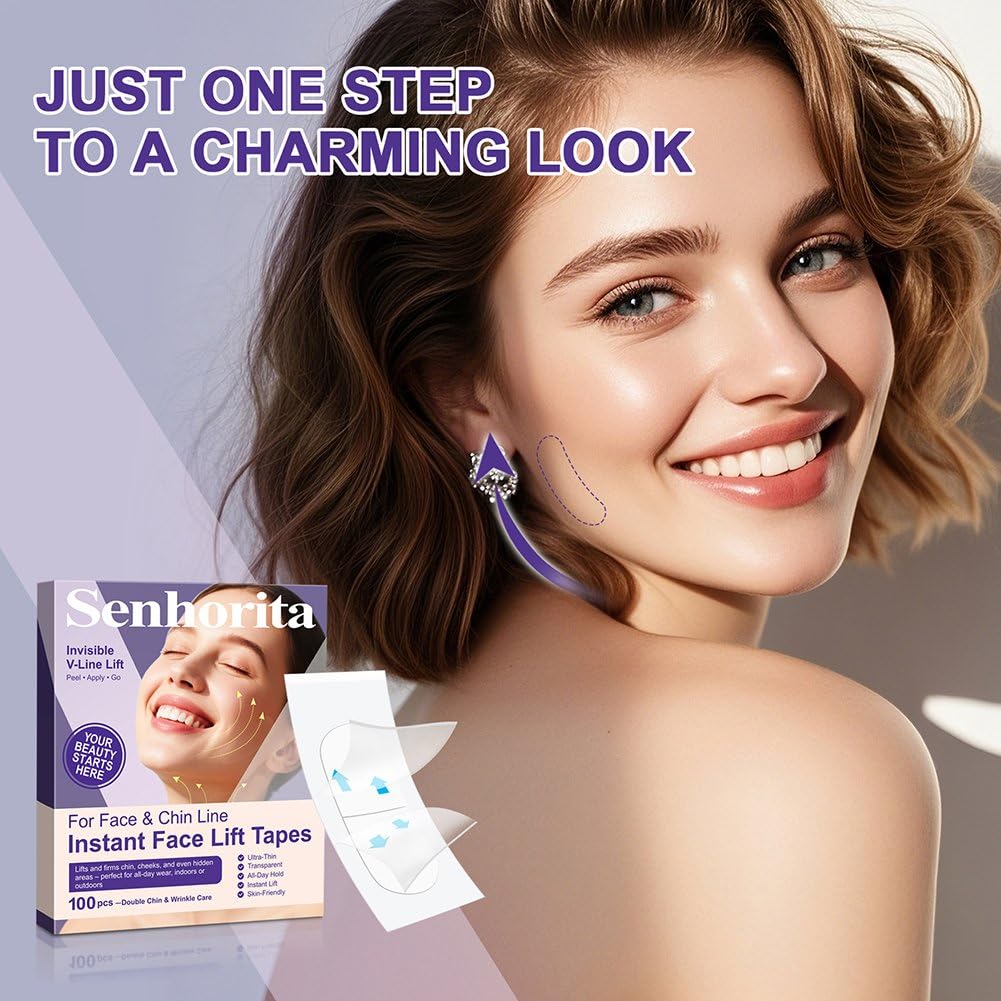 Zcotsu Face Lift Tape 100Pcs – Instant Face Lifting Tape, Invisible Strips to Hide Double Chin, Smooth Wrinkles & Lift Saggy Skin, Waterproof & Elastic