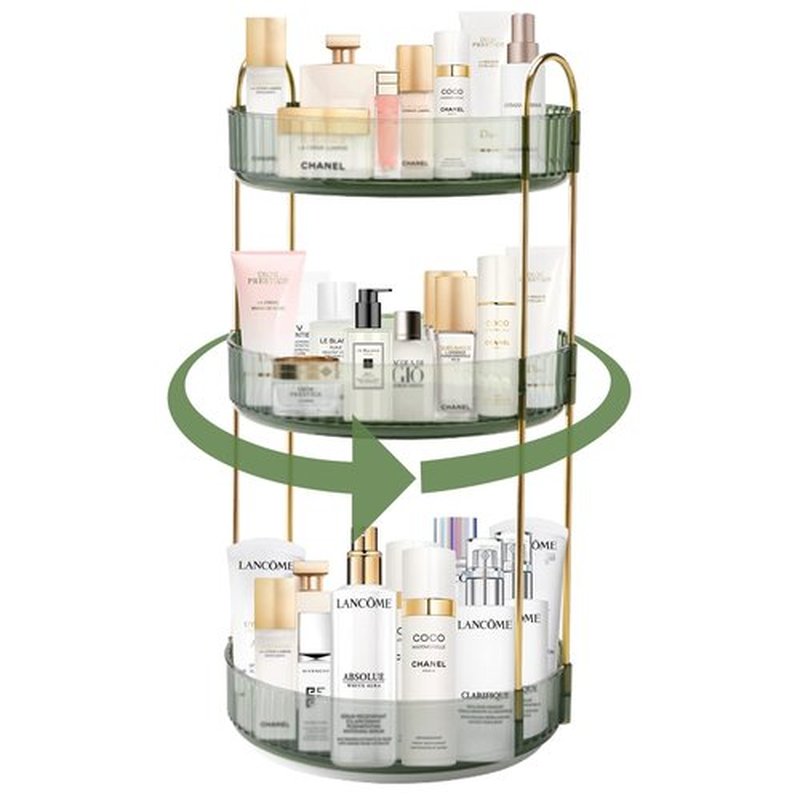 INVSSENE 360° Rotating Makeup Organizer, Bathroom Make Up Spinning Holder Rack, Large Capacity Cosmetics Storage Vanity Shelf Countertop, Fits Cosmetics, Perfume, Skincare(3 Tiers, Green)