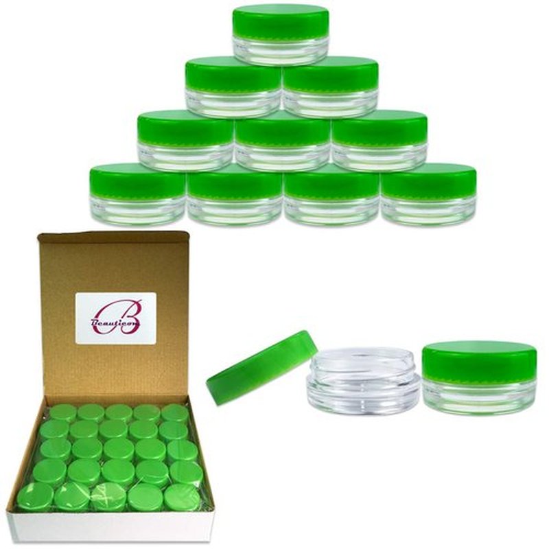 Beauticom 3g/3ml (0.1 Fl Oz) Round Clear Plastic Jars with Round Top Lids for Creams, Lotions, Make Up, Powders, Glitters, and more... (Color: Green Lid Quantity: 50 Pieces)