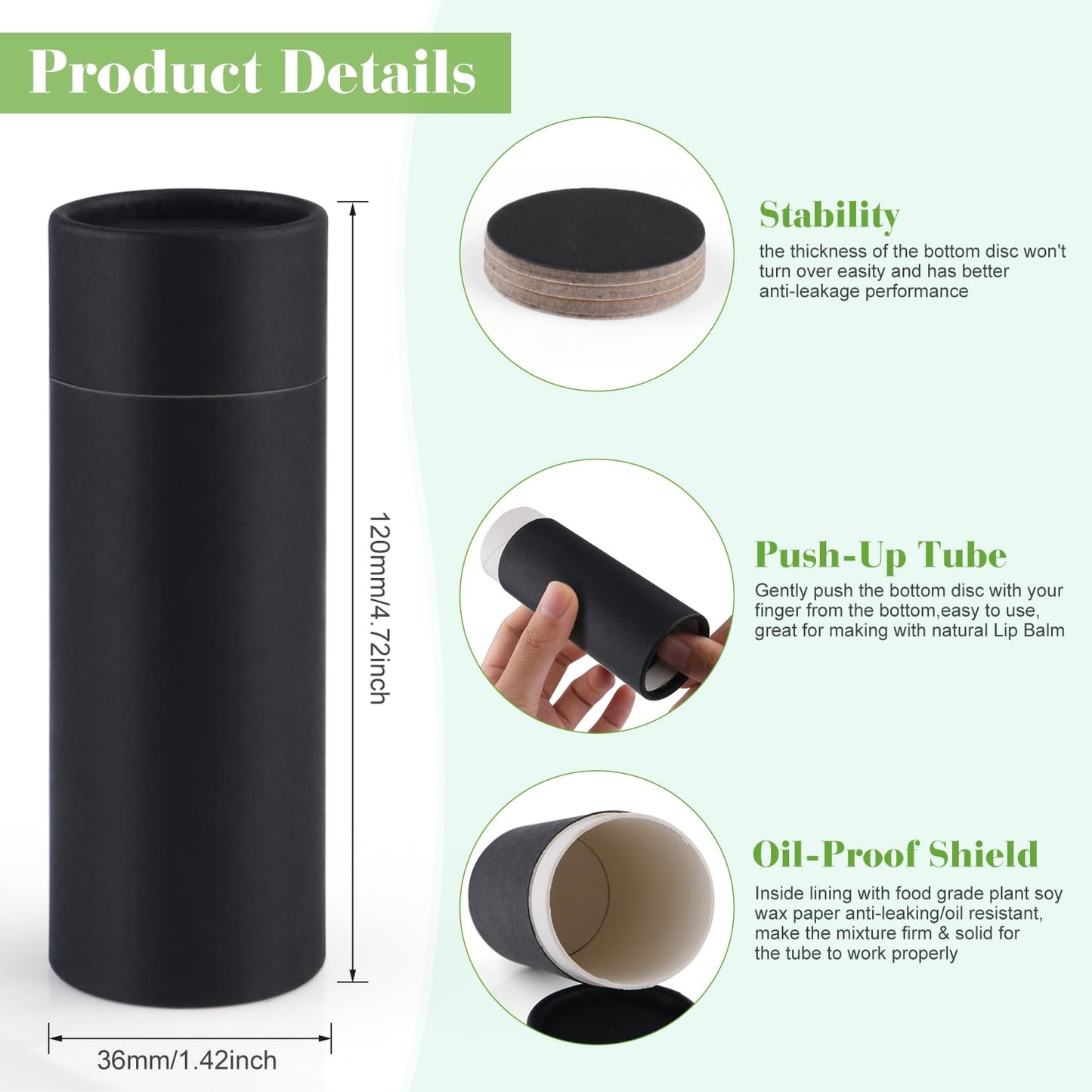 Furnido 10 Pcs 2 oz Cardboard Deodorant Containers,Push-Up Style,Top-Fill,Empty Kraft Paperboard Tubes Lip Balm Containers,Compostable Round Body Lotion Sticks Tube DIY Homemade Lip Balm Holder,Black