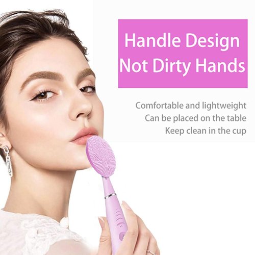 Sonic Facial Cleansing Brush, Lyrzzey Portable Handled Face Cleansing Brush with 5 Adjustable Speeds Vibrating Rechargeable Face Cleansing Brush for Deep Cleaning Gentle Exfoliating Massaging(Pink)