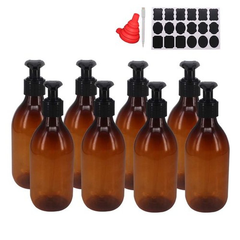 zmybcpack 8 Pack 8OZ Empty Plastic Pump Lotion Bottles with 1 Pen, Labels & Silicone Funnel, Amber Color Lotion Dispenser with Locking Lotion Pump for Body Wash, Shampoo, Massage Lotion, Gel