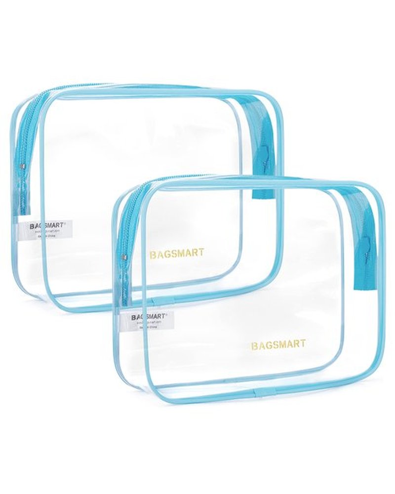 BAGSMART Clear Toiletry Bag, 2 Pack TSA Approved Travel Toiletry bag Carry on Travel Accessories Bag Airport Airline Quart Size Bags Water Repellent Makeup Cosmetic Bag for Women (Blue-2Pcs)