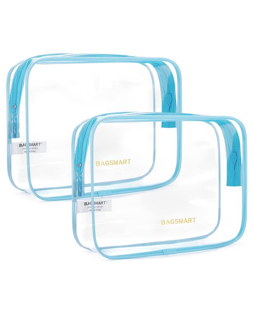 BAGSMART Clear Toiletry Bag, 2 Pack TSA Approved Travel Toiletry bag Carry on Travel Accessories Bag Airport Airline Quart Size Bags Water Repellent Makeup Cosmetic Bag for Women (Blue-2Pcs)