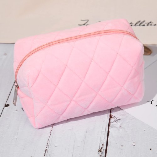 SOIDRAM 2 Pieces Makeup Bag Checkered Cosmetic Bag Plush Pink White Makeup Pouch Travel Toiletry Bag Organizer Cute Makeup Brushes Storage Bag for Women