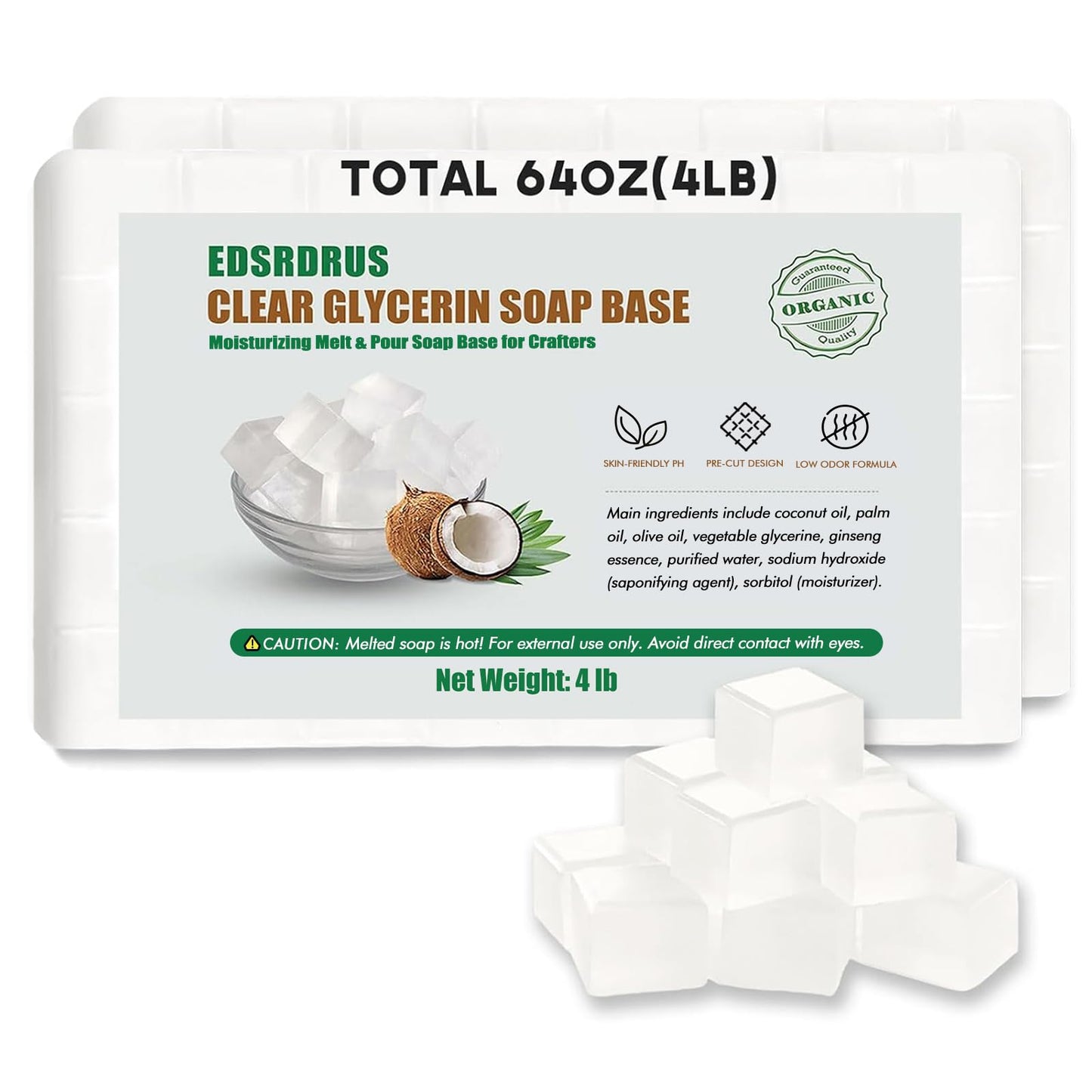 EDSRDRUS 4LB Unscented Glycerin Soap Base DIY Handmade Moisturizing Melt and Pour Soap Base for Crafting, Vegetable Glycerin & Coconut Oil, Easy to Cut (Clear, 4LB)