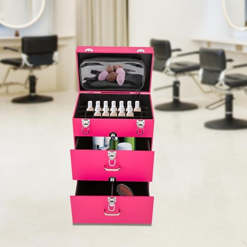 Rolling Makeup Case,Large Cosmetic Trolley with Locks, Professional Rolling Makeup Trolley with with dividers,Large Storage Cosmetic Trolley for Make-Up Artists Hairdressers Nail Technicians (Pink)
