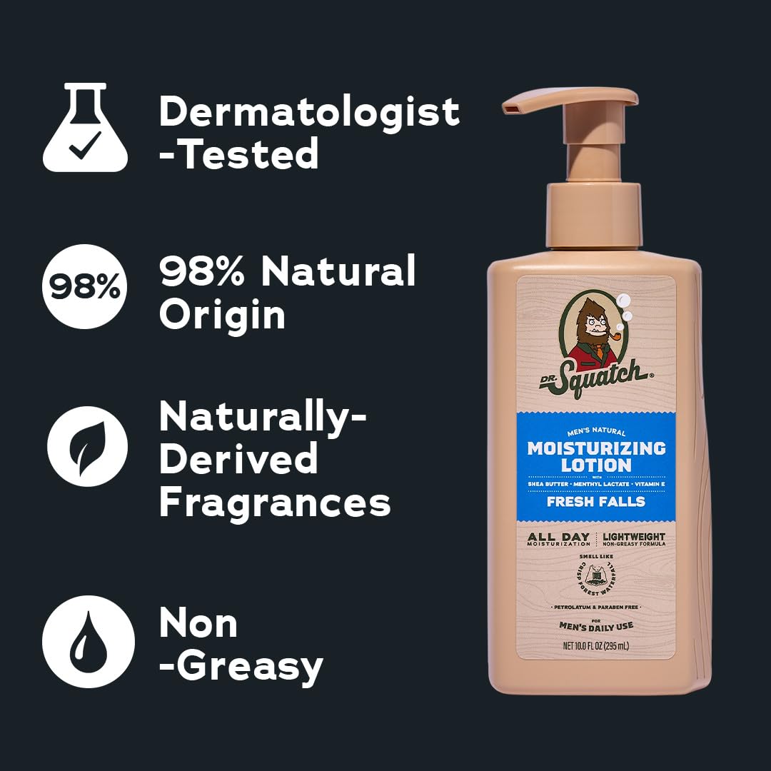 Dr. Squatch Natural Hand and Body Lotion for Men - Made with Shea Butter, Coconut Oil, Vitamin E for 24-Hr Moisturization - Pine Tar & Fresh Falls (10 fl oz, 2-Pack)