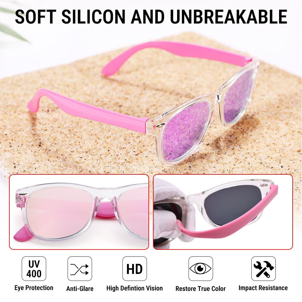 Pro Acme Kids Polarized Sunglasses, Flexible TPEE Frame Shades for Toddler Girls Boys, Ages 3-12（A6 Pink/Green + Pink + Matte Black/Grey）