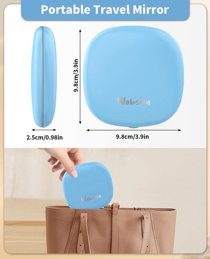 wobsion Travel Mirror with Light, Rechargeable 1x/10x Compact Magnifying Mirror, Dimmable Pocket Mirror,Handheld 2-Side Mirror with Light,4inch Travel Size,Portable for Handbag,Purse,Gift,Blue