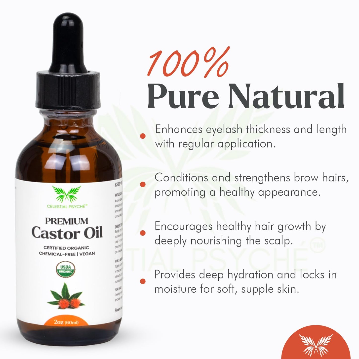 Celestial Psyché USDA Certified Organic Castor Oil (4 Oz with Essential Bundle - Eyebrow Kits) 100% Pure Natural, Chemical-Free, Hexane-Free, Promote Lash, Brow, and Hair Growth, Skin Hydration