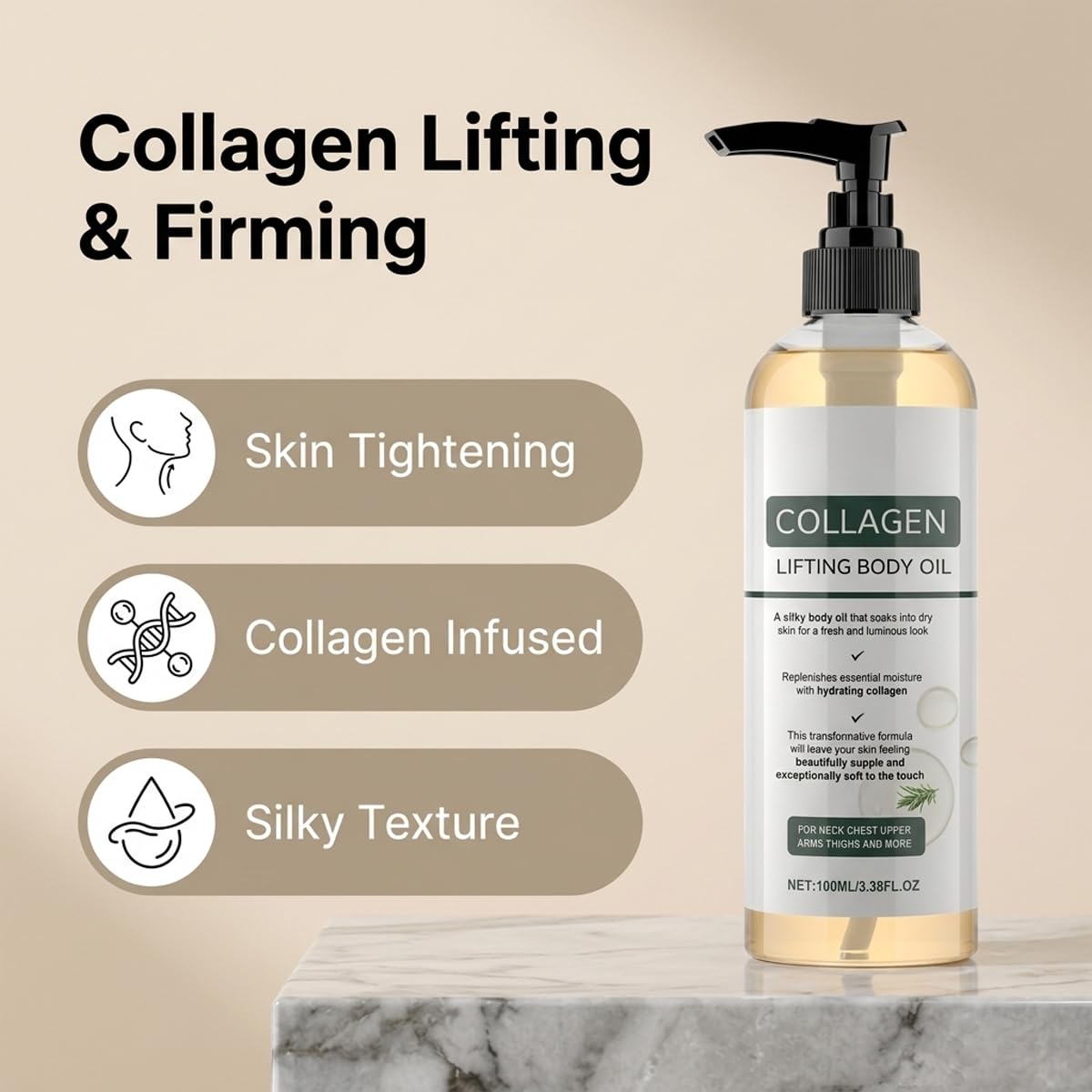 Divinvera Collagen Body Oil - Collagen Lifting Body Oil, Hydrating & Firming Dry Oil, Lightweight Fast-Absorbing Non-Greasy Moisturizer for Smooth Radiant Skin, For Women & Men, 3.38 Fl Oz