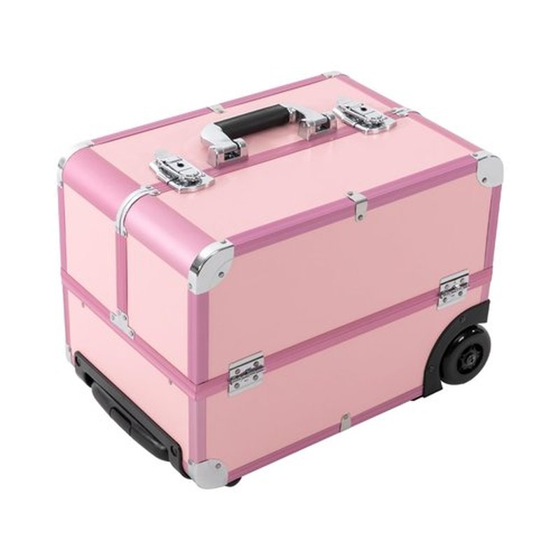 Lockable Makeup Train Case with 6 Trays, Multi-layer Rolling Cosmetic Storage Trolley, Professional Cosmetology Travel Box on Wheels for Nail Tech Salon Hair Stylists, Aluminum Alloy, PU (Pink)